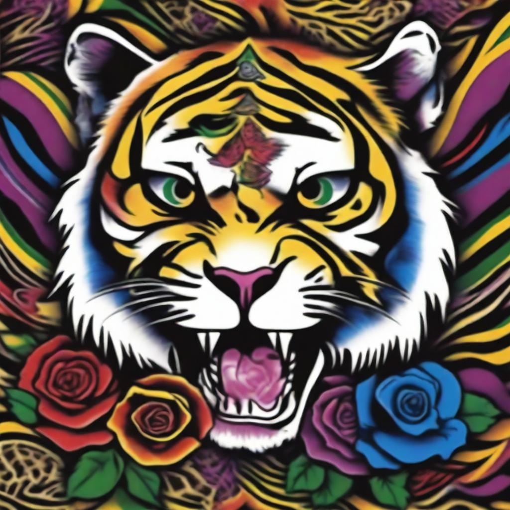 This is a high-quality, digital art of a vibrant tattoo design that combines the iconic imagery of the Grateful Dead with a majestic, psychedelic tiger