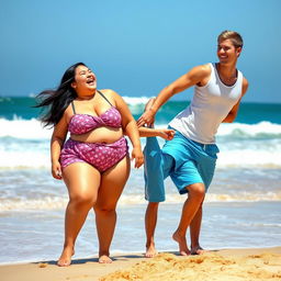A vibrant scene at the beachside featuring a chubby Asian girl and her athletic friend enjoying a fun day in the sun