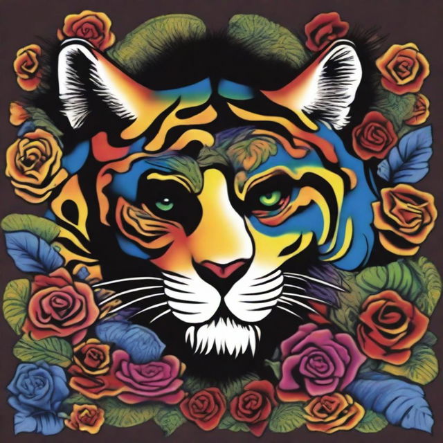 This is a high-quality, digital art of a vibrant tattoo design that combines the iconic imagery of the Grateful Dead with a majestic, psychedelic tiger