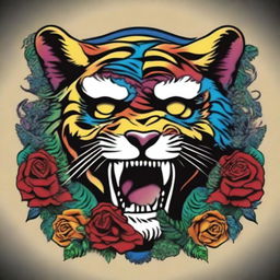 This is a high-quality, digital art of a vibrant tattoo design that combines the iconic imagery of the Grateful Dead with a majestic, psychedelic tiger