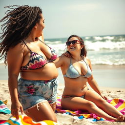 A vibrant beachside scene featuring a chubby Israeli girl with an athletic build, enjoying a sunny day at the beach with her girlfriend