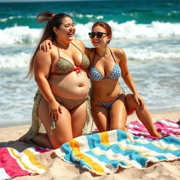 A vibrant beachside scene featuring a chubby Israeli girl with an athletic build, enjoying a sunny day at the beach with her girlfriend