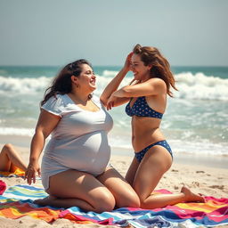 A vibrant beachside scene featuring a chubby Israeli girl with an athletic build, enjoying a sunny day at the beach with her girlfriend