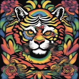 This is a high-quality, digital art of a vibrant tattoo design that combines the iconic imagery of the Grateful Dead with a majestic, psychedelic tiger