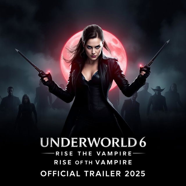 An eye-catching promotional poster for 'UNDERWORLD 6: Rise of the Vampire - Official Trailer 2025', featuring Kate Beckinsale as Selene, poised in an action-ready stance against a dramatic, dark background