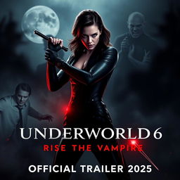 An eye-catching promotional poster for 'UNDERWORLD 6: Rise of the Vampire - Official Trailer 2025', featuring Kate Beckinsale as Selene, poised in an action-ready stance against a dramatic, dark background