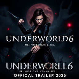 An eye-catching promotional poster for 'UNDERWORLD 6: Rise of the Vampire - Official Trailer 2025', featuring Kate Beckinsale as Selene, poised in an action-ready stance against a dramatic, dark background