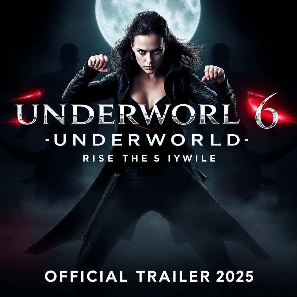 An eye-catching promotional poster for 'UNDERWORLD 6: Rise of the Vampire - Official Trailer 2025', featuring Kate Beckinsale as Selene, poised in an action-ready stance against a dramatic, dark background