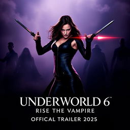An enticing promotional poster for 'UNDERWORLD 6: Rise of the Vampire Official Trailer 2025', featuring the iconic Kate Beckinsale as Selene