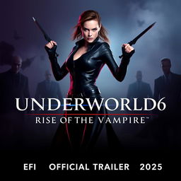 An enticing promotional poster for 'UNDERWORLD 6: Rise of the Vampire Official Trailer 2025', featuring the iconic Kate Beckinsale as Selene