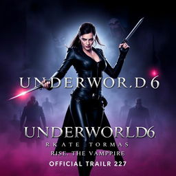 An enticing promotional poster for 'UNDERWORLD 6: Rise of the Vampire Official Trailer 2025', featuring the iconic Kate Beckinsale as Selene