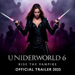 An enticing promotional poster for 'UNDERWORLD 6: Rise of the Vampire Official Trailer 2025', featuring the iconic Kate Beckinsale as Selene