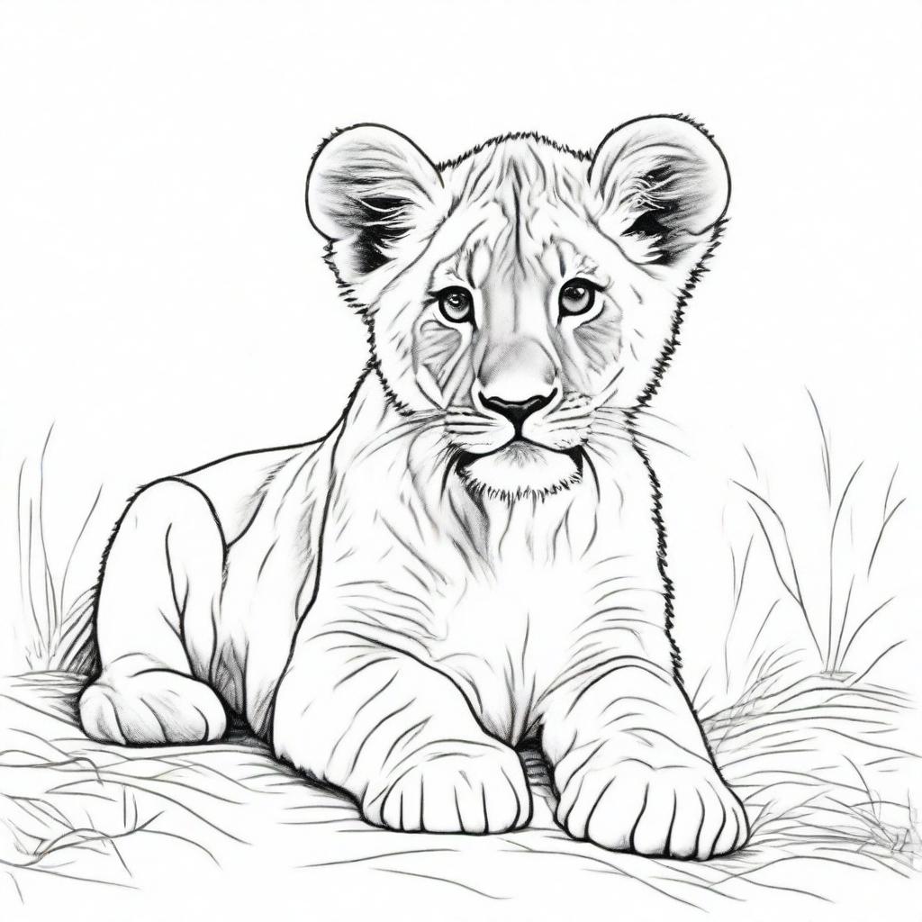 Detailed full-body illustration of a lion cub against a stark white background.