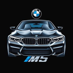 A striking t-shirt design featuring the front view of a BMW M5 against a solid black background