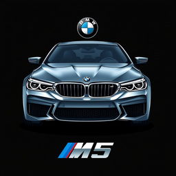 An eye-catching t-shirt design featuring a front view of a BMW M5 set against a sleek black background