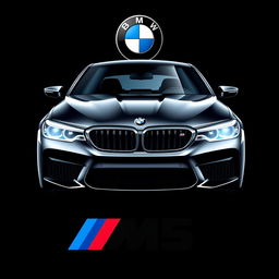 An eye-catching t-shirt design featuring a front view of a BMW M5 set against a sleek black background