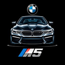 An eye-catching t-shirt design featuring a front view of a BMW M5 set against a sleek black background