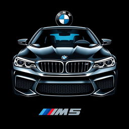An eye-catching t-shirt design featuring a front view of a BMW M5 set against a sleek black background