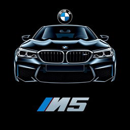 A visually striking t-shirt design showcasing the front view of a BMW M5 against a sleek black background