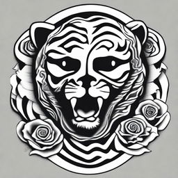 This is a high-quality, digital art of a simple, black and white tattoo design that combines the iconic imagery of the Grateful Dead with a stylized tiger