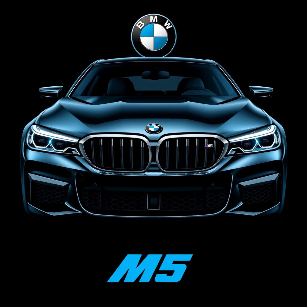 A visually striking t-shirt design showcasing the front view of a BMW M5 against a sleek black background