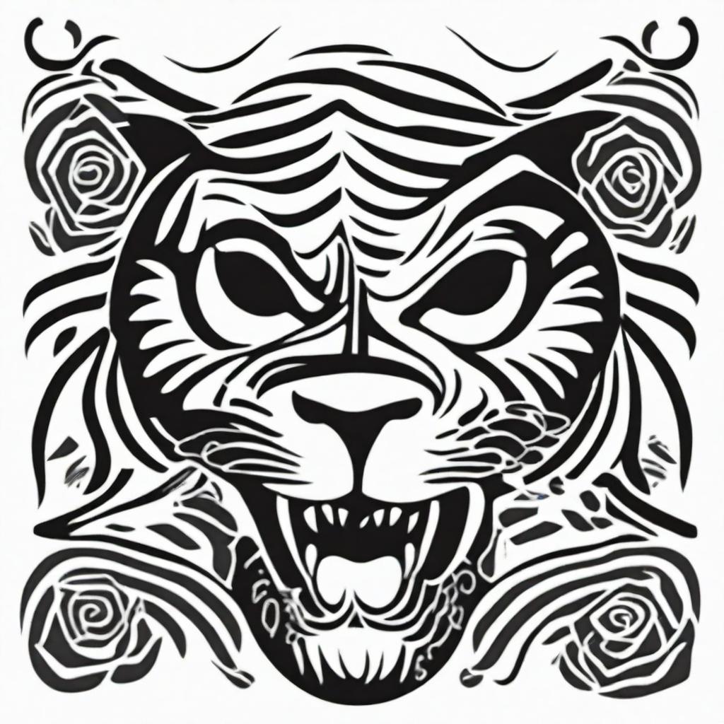 This is a high-quality, digital art of a simple, black and white tattoo design that combines the iconic imagery of the Grateful Dead with a stylized tiger