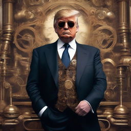 A high-quality digital art piece reimagining Donald Trump in a steampunk style