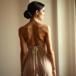 A fit girl with a brunette hairstyle, viewed from the back, showcasing her full body in a transparent nightgown