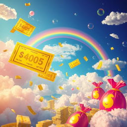 A vibrant and colorful dreamscape filled with floating golden lottery tickets and stacks of shimmering cash