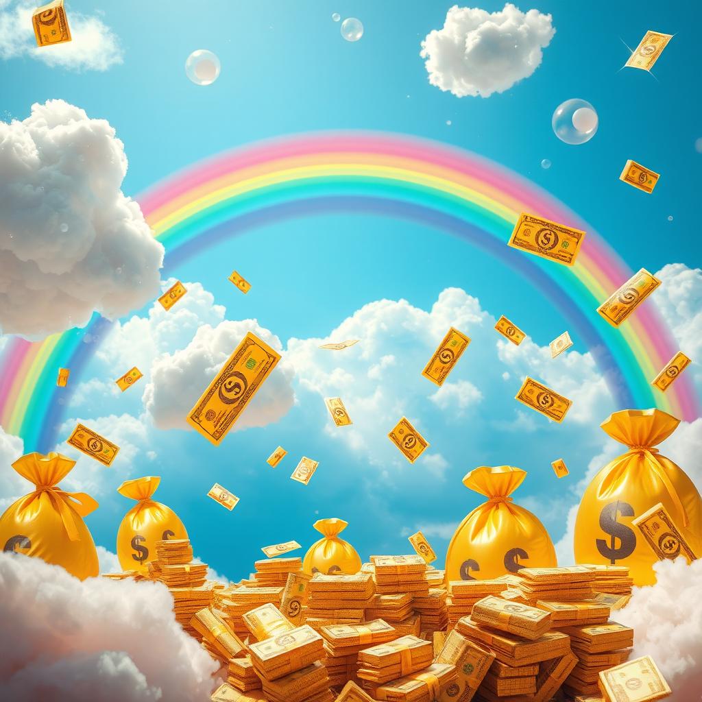 A vibrant and colorful dreamscape filled with floating golden lottery tickets and stacks of shimmering cash