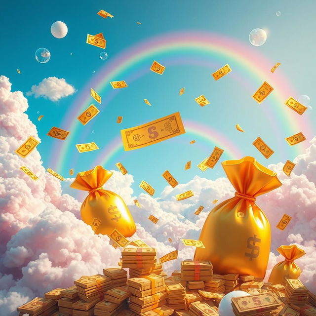 A vibrant and colorful dreamscape filled with floating golden lottery tickets and stacks of shimmering cash