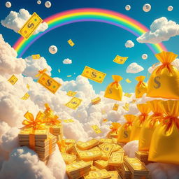 A vibrant and colorful dreamscape filled with floating golden lottery tickets and stacks of shimmering cash