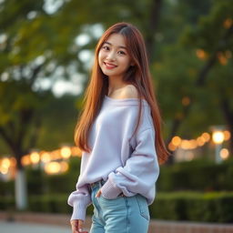 A young cute Japanese woman with long, light brown hair, styled casually, wearing a soft lavender oversized sweater that is slightly off the shoulder