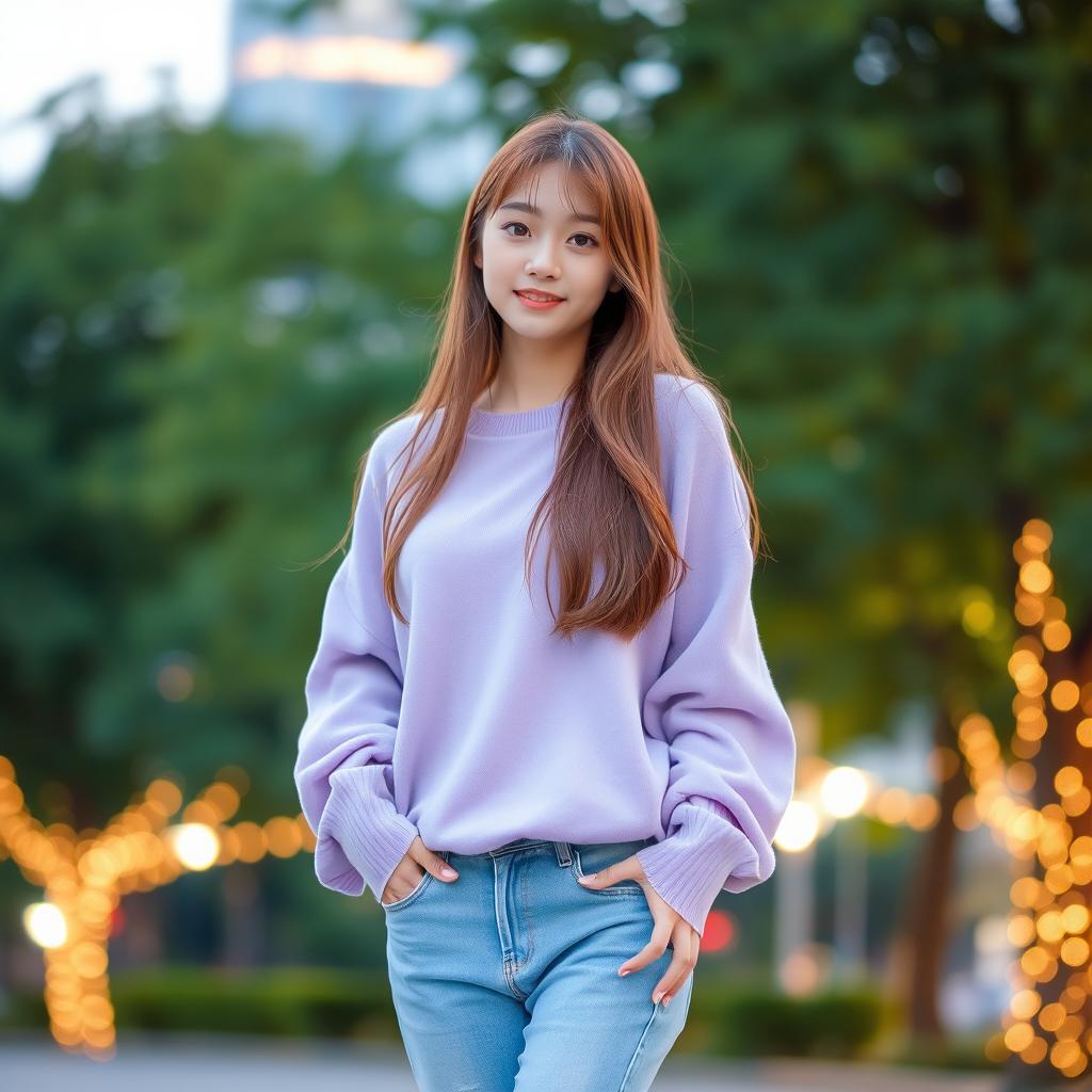 A young cute Japanese woman with long, light brown hair, styled casually, wearing a soft lavender oversized sweater that is slightly off the shoulder