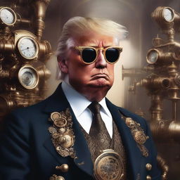 A high-quality digital art piece reimagining Donald Trump in a steampunk style