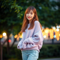 A young cute Japanese woman with long, light brown hair, styled casually, wearing a soft lavender oversized sweater that is slightly off the shoulder