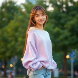 A young cute Japanese woman with long, light brown hair, styled casually, wearing a soft lavender oversized sweater that is slightly off the shoulder