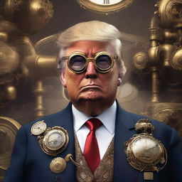 A high-quality digital art piece reimagining Donald Trump in a steampunk style