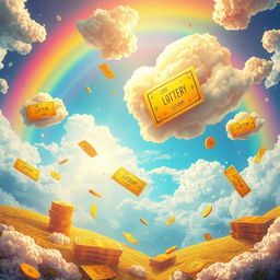 A vibrant and colorful dreamscape inspired by the themes from the story "Lottery" by Premchand, featuring a dreamy landscape with floating golden lottery tickets and stacks of shimmering cash