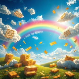 A vibrant and colorful dreamscape inspired by the themes from the story "Lottery" by Premchand, featuring a dreamy landscape with floating golden lottery tickets and stacks of shimmering cash