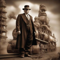 A high-quality digital art piece depicting a steampunk-styled Donald Trump atop a massive, intricately detailed war train