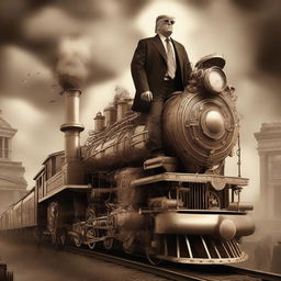 A high-quality digital art piece depicting a steampunk-styled Donald Trump atop a massive, intricately detailed war train