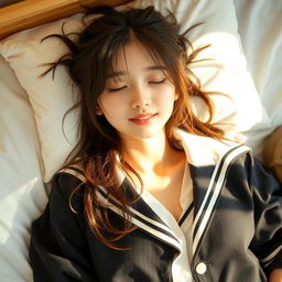 A stunning Japanese 18-year-old girl with a cute and gorgeous appearance, lying on a bed