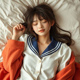 A stunning Japanese 18-year-old girl with a cute and gorgeous appearance, lying on a bed