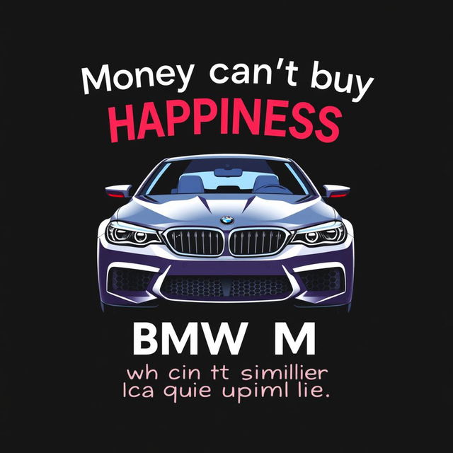 A creative and humorous t-shirt design featuring the playful quote 'Money can't buy happiness, but it can buy a BMW M5 which is quite similar