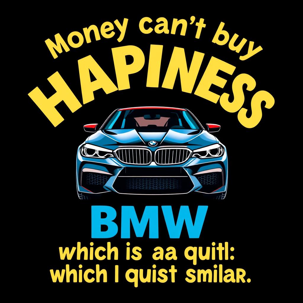 A creative and humorous t-shirt design featuring the playful quote 'Money can't buy happiness, but it can buy a BMW M5 which is quite similar