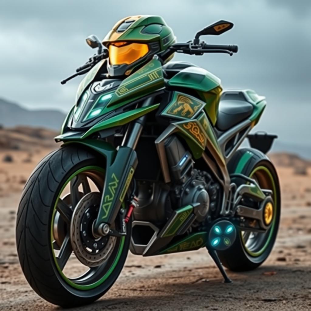 A detailed and visually striking motorcycle inspired by the Halo Master Chief design, featuring a sleek, aerodynamic body with iconic green and gold armor accents, a futuristic helmet-shaped front headlight, and intricate patterns mimicking Spartan armor