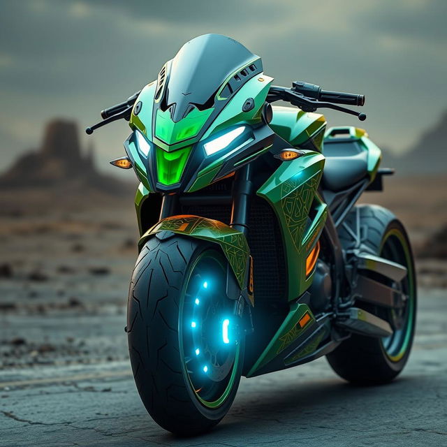 A detailed and visually striking motorcycle inspired by the Halo Master Chief design, featuring a sleek, aerodynamic body with iconic green and gold armor accents, a futuristic helmet-shaped front headlight, and intricate patterns mimicking Spartan armor