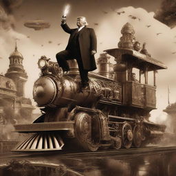 A high-quality digital art piece depicting a steampunk-styled Donald Trump atop a massive, intricately detailed war train