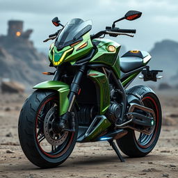 A detailed and visually striking motorcycle inspired by the Halo Master Chief design, featuring a sleek, aerodynamic body with iconic green and gold armor accents, a futuristic helmet-shaped front headlight, and intricate patterns mimicking Spartan armor